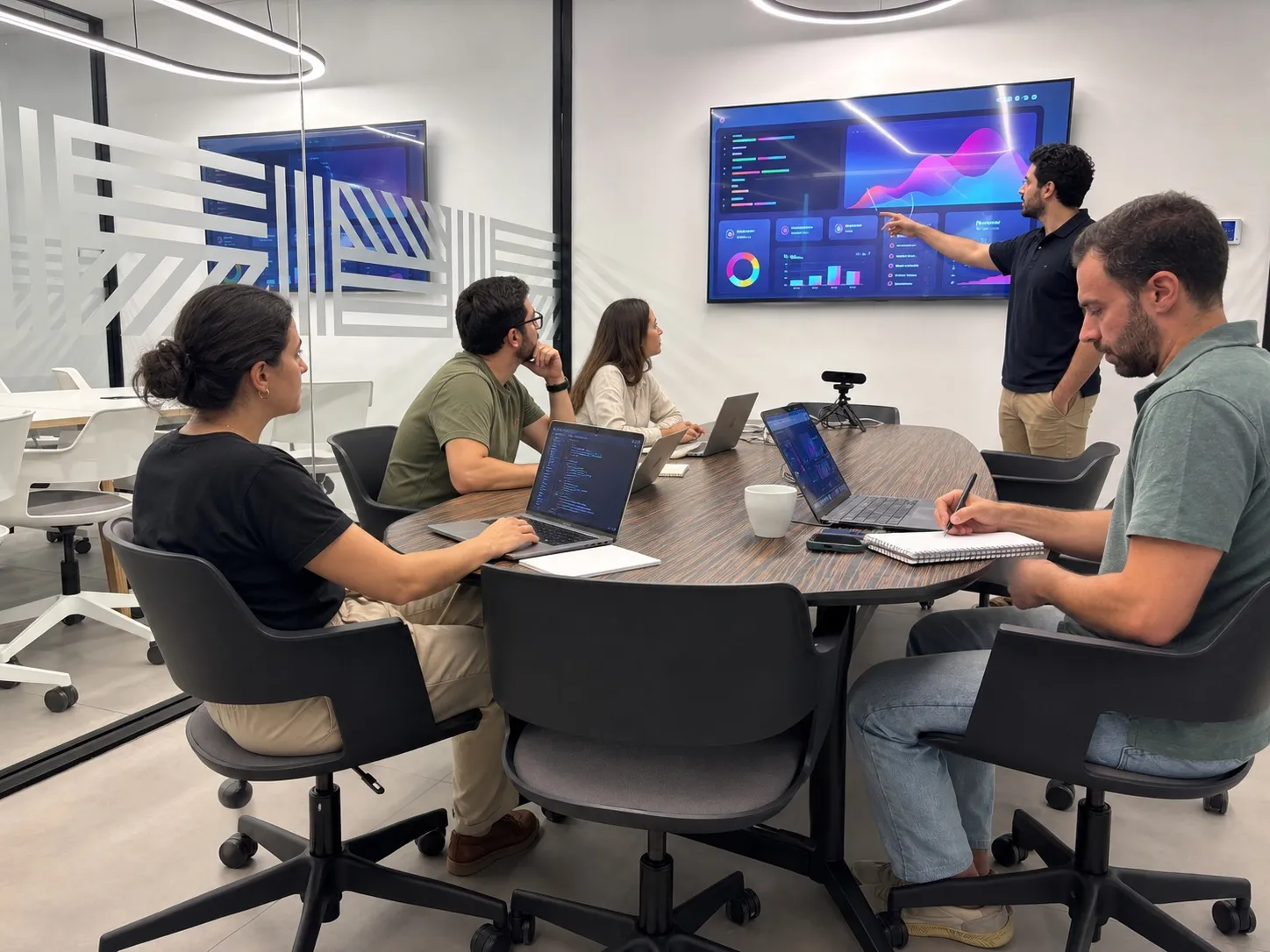 Formador de WAT presentando un dashboard de datos a un equipo en sala de reuniones