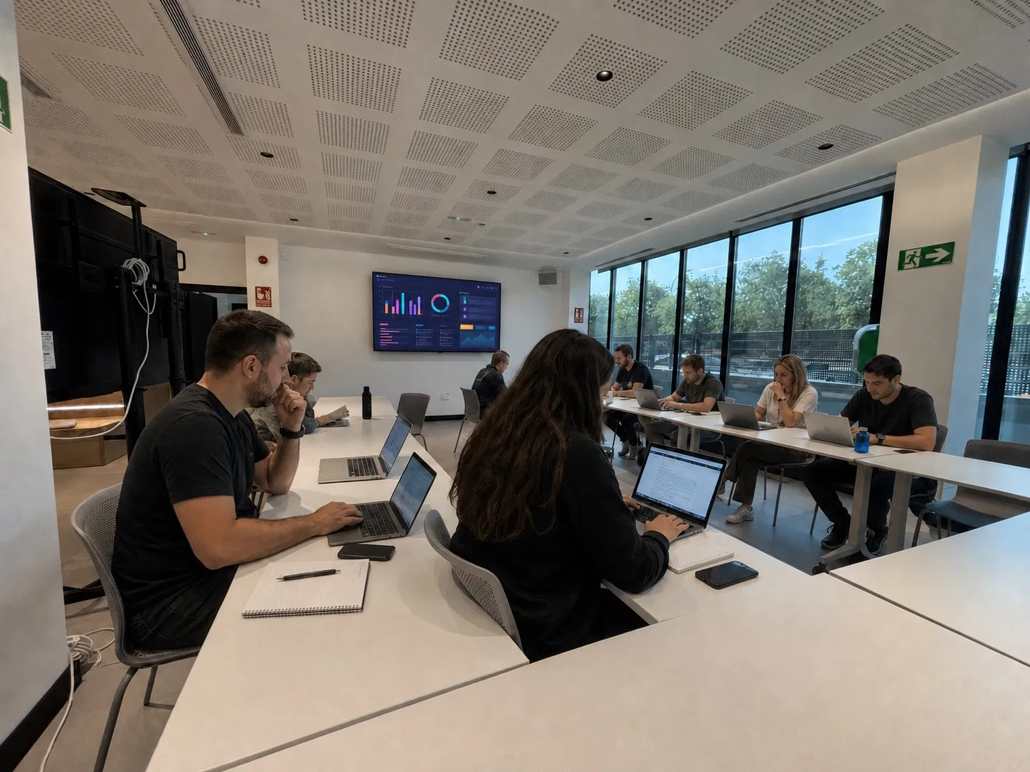 Profesionales de WAT en una sesión de trabajo con portátiles alrededor de la mesa