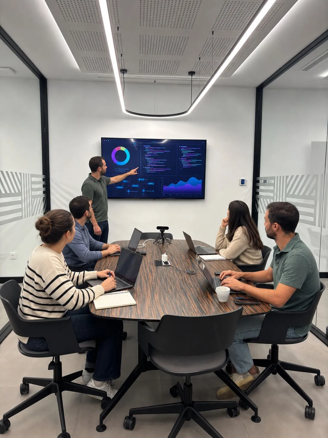 Equipo de WAT analizando un dashboard de datos e IA en una sala de reuniones